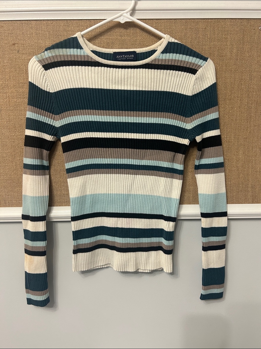 Ann Taylor Ribbed Long Sleeve Stripe Top - Cream, Teal & Light Blue